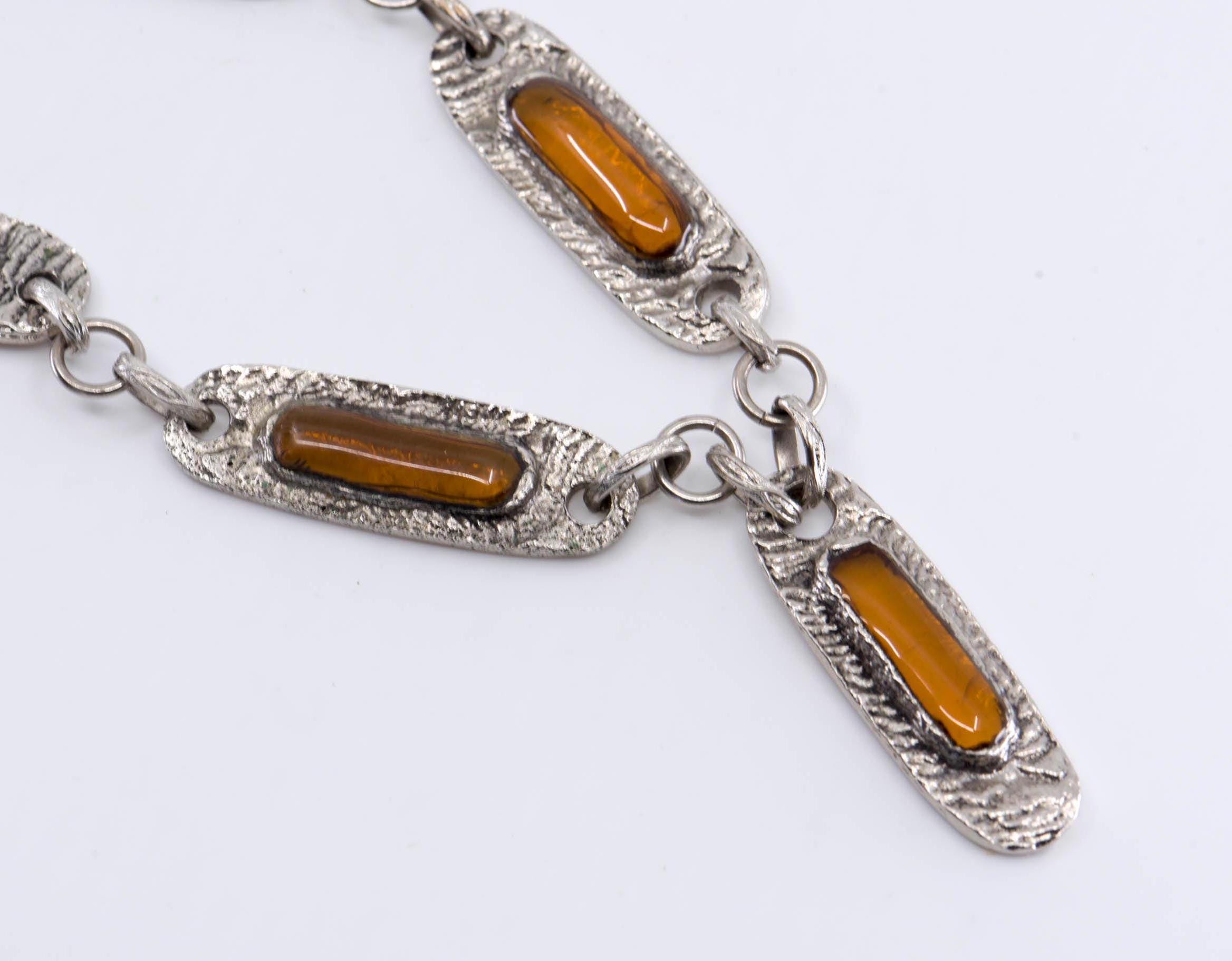 necklace modernist link chain silver faux amber vintage French mod jewellery single strand with pendant adjustable size made in France 1970s