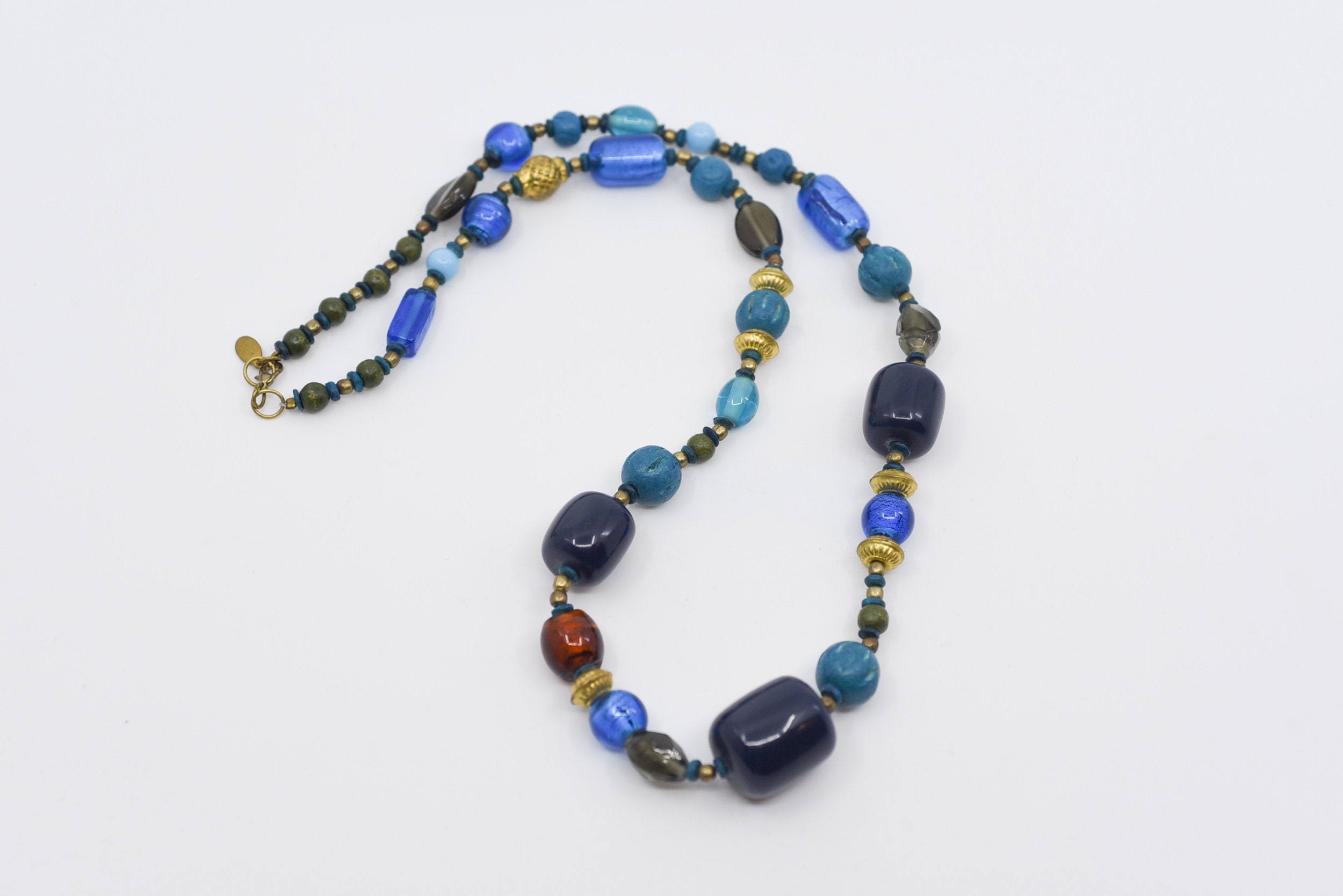 vintage LDADPR mixed bead long statement necklace blue foil glass wood ...