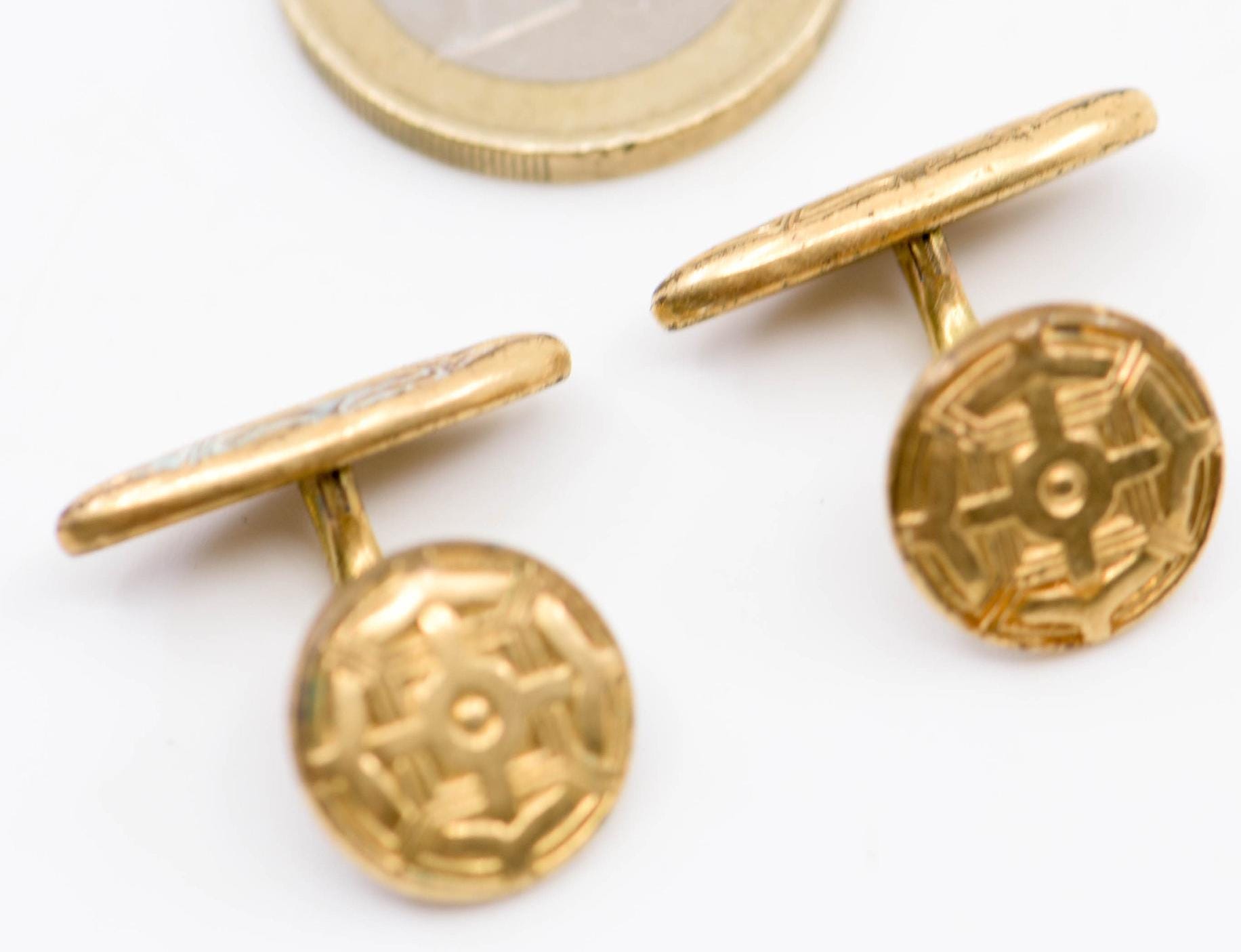 Boutons De Manchettes Anciens En Laiton - Centre Bleu - Occasion Très Bon État - Accessoire Vintage