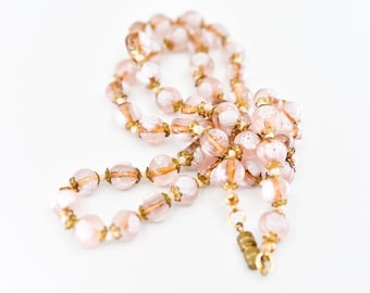 vintage venetian murano rose pink white millefiori glass bead necklace hand knotted gold flower spacers single long strand unsigned rare 50s