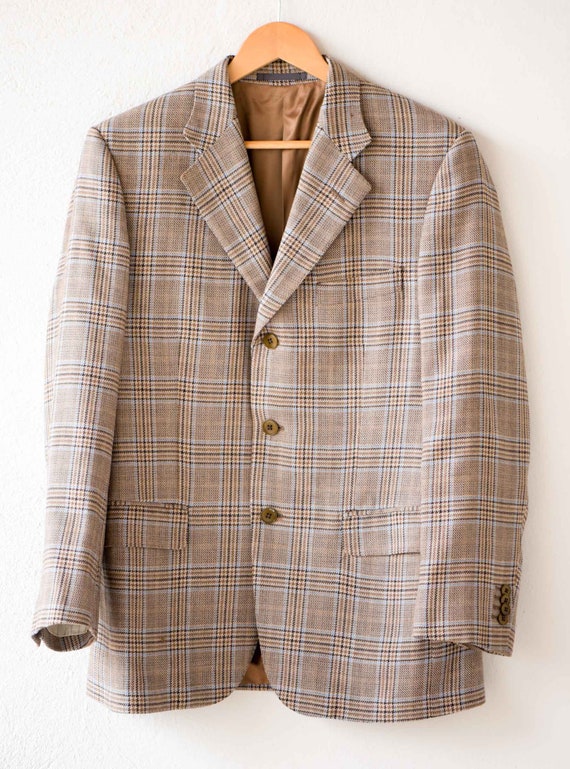 English Tweed Jacket Vintage Harrods London Label Lined Smart Casual Mens Tailored Blouson Beige Pure New Wool Made in Italy 1980s Size 50C