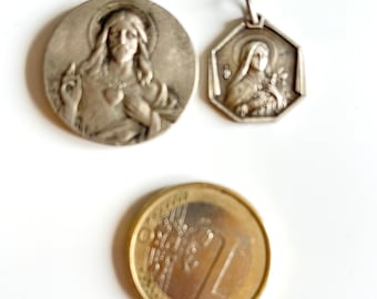 two saint medals French vintage silver round Jesus sacred heart and pentagon Lisieux la basilique 1931 old religious charm pendant lot of 2