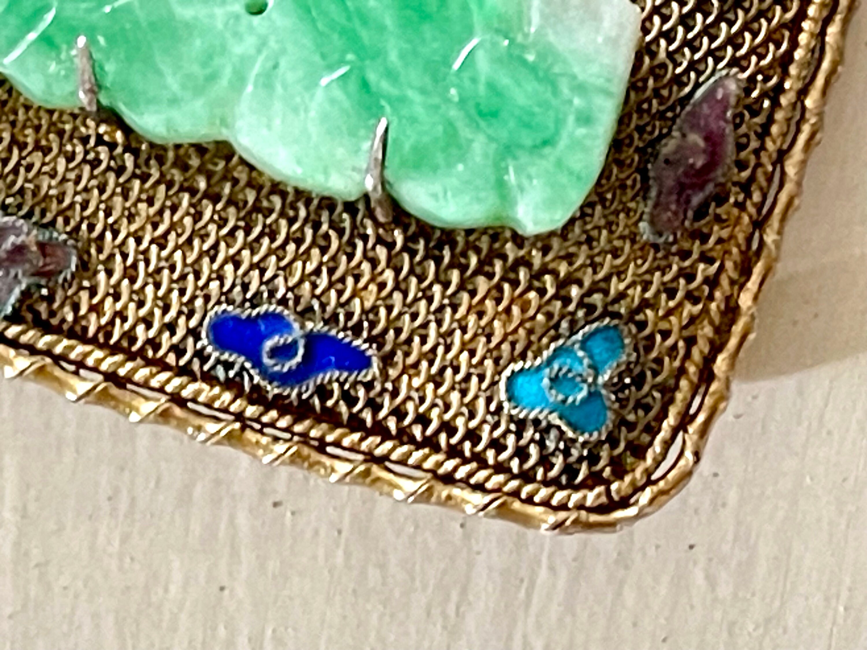 Broche Vintage Chinoise - Argent Doré Avec Jade Et émail - Élément De Décoration Ou Bijou