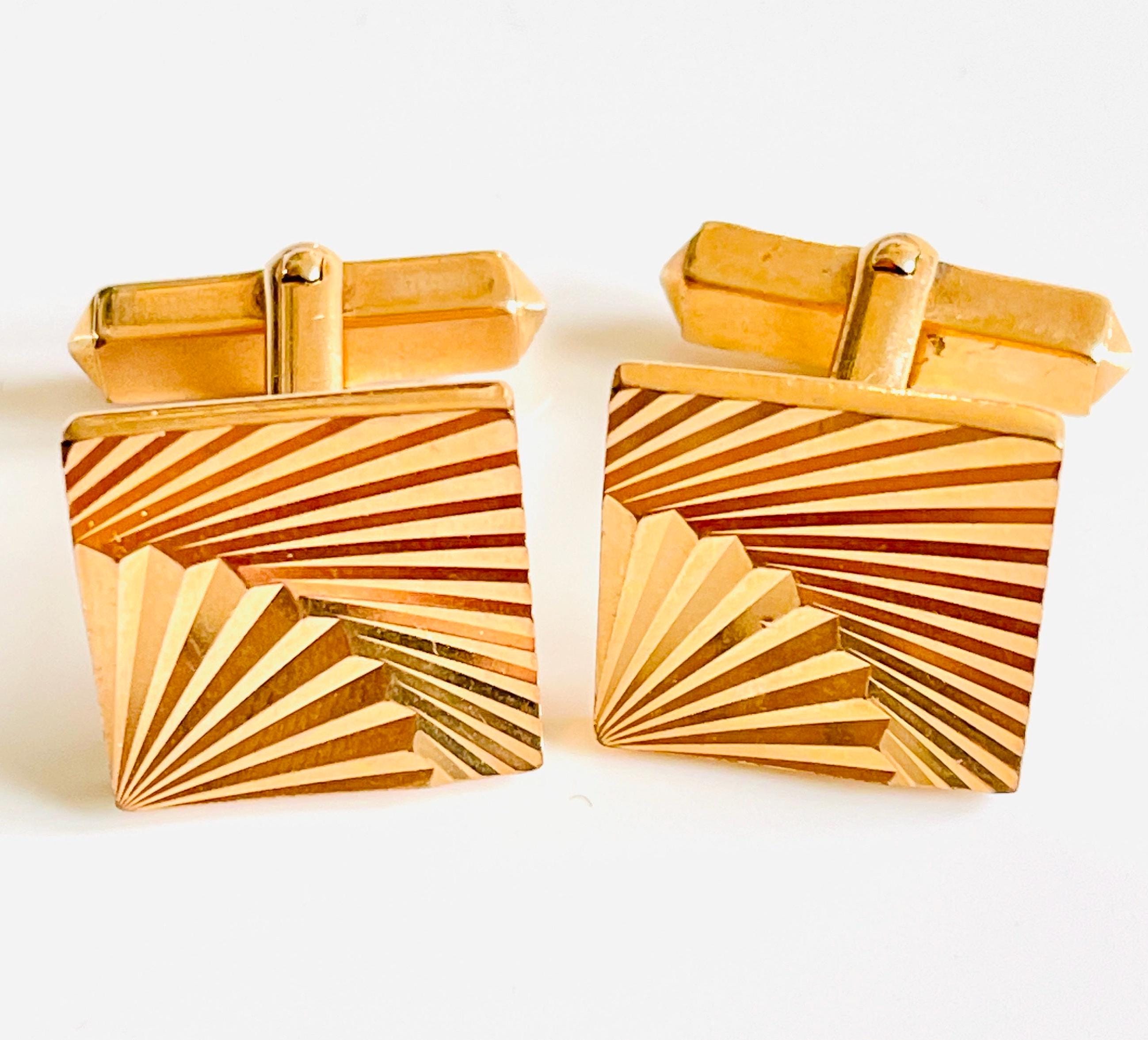 Boutons De Manchette Vintage Plaqué Or Rectangle Gravé - Marque Tibi - Occasion Très Bon état