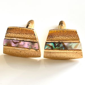 cuff links gold metal and mother of pearl iridescent midcentury modern jewellery for the groom vintage wedding formal shirt accessory 1960s