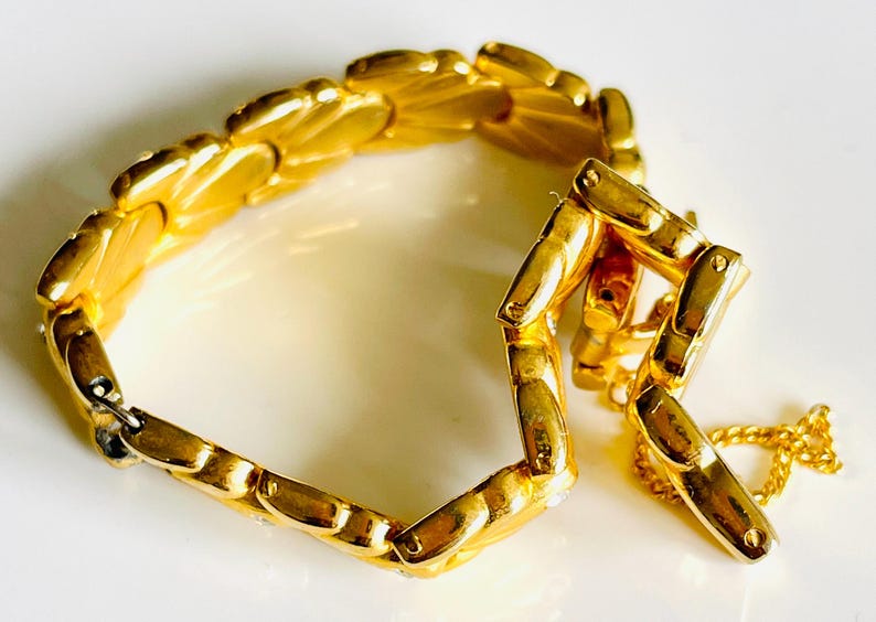 link chain bracelet French vintage polished gold tone jewelry speciality articulated diamanté safety chain mid century modern gift under 50