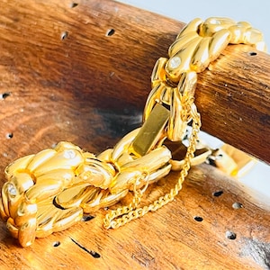 link chain bracelet French vintage polished gold tone jewelry speciality articulated diamanté safety chain mid century modern gift under 50