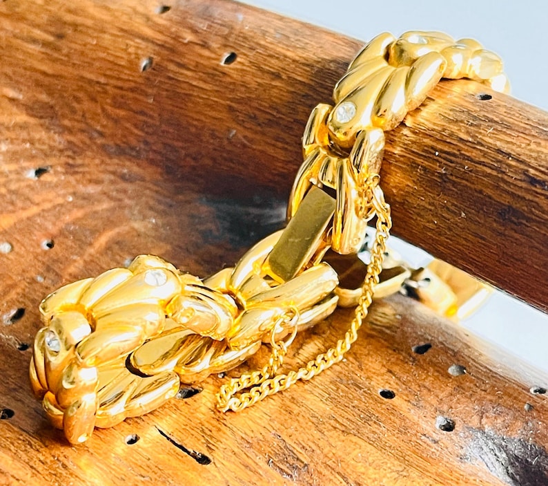 link chain bracelet French vintage polished gold tone jewelry speciality articulated diamanté safety chain mid century modern gift under 50