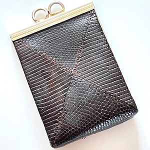 coin purse dark brown leather pouch French vintage porte monnaie texture faux skin metal clasp two rings tall duo compartment mini purse 70s