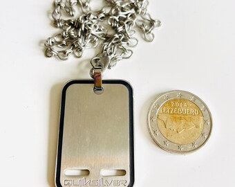 dog tag pendant QUICKSILVER logo engraved on silver tone metal and black line link chain necklace unusual surf military inspired jewellery