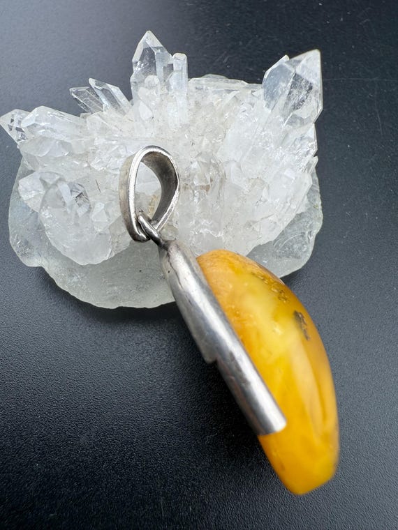 yellow amber cabochon solid silver pendant oval n… - image 7