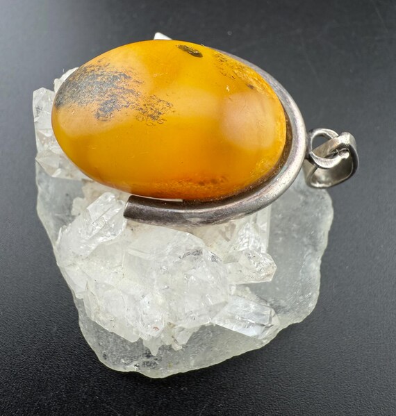 yellow amber cabochon solid silver pendant oval n… - image 5