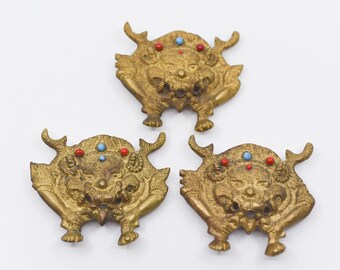 asian mask metal salvage oriental Thai lion dragons architectural salvage brass metal turquoise red colour stones matching lot of 3 toolbox