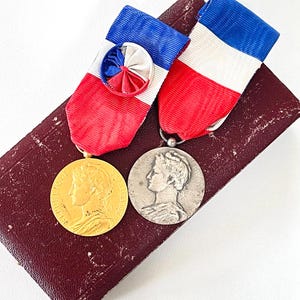 2 medals French Republic vintage medaille Ministry of Work REININGER 1948 silver tone 1957 gold tone ribbons boxed collectible signed C20th