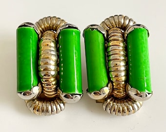 80s runway clip on earrings green early plastic gold tone metal chunky retro statement French jewellery adult size 21g rare matching pair