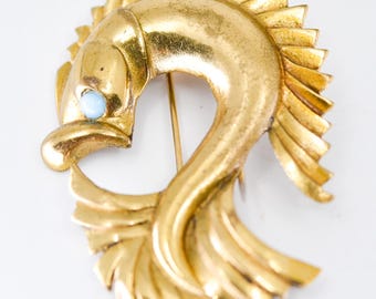 French dress pin koi fish mythical brass metal scarf brooch clip large mid-century statement jewellery model depose unusual made in France