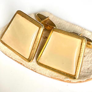 cuff links pearlised French nacre large square midcentury modern MCM gold tone metal rim new old stock 1950s retro accessory for the groom