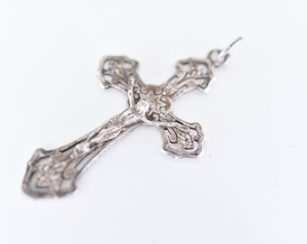 French antique crucifix pendant silver tone trefoil Christ rosary style cross vintage religious charm jewellery mark ornate openwork 4.5cm