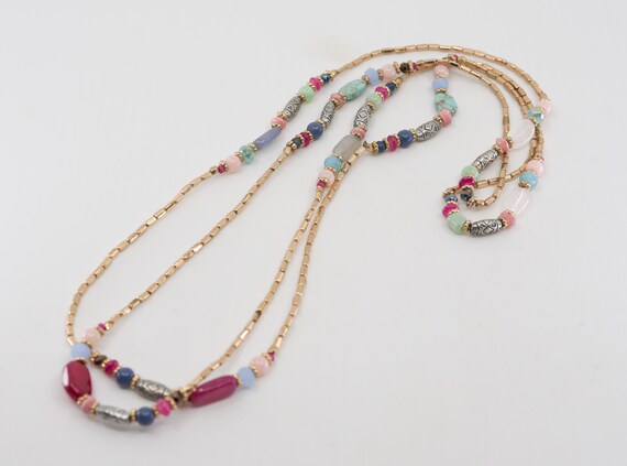 Extra Long Coin Charm Necklace Gypsy Boho Flapper Style with Mother of Pearl Shell Discs Bronze Tone Metal Strung 30-33 Inches