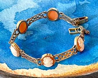 bracelet 9ct or sculpté carnelian shell buste camées liens géométriques estampillés 375 bijoux vintage poinçonnés milieu du siècle moderne des années 1960 11g