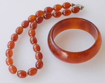 bakelite necklace bangle set matching choker bracelet french vintage early plastic tested 88g orange honey collectible jewellery rare 1950s