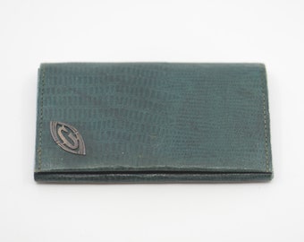 wallet green leather purse silver metal monogram initial letter G French antique art deco bifold flat vintage pouch on front  made in France