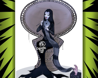 May include: An illustration of a woman in a black dress knitting a long, grey and black scarf. She is seated in a decorative chair with an ornate backdrop. A hand emerges from a box. The artwork is signed "Cassandra Dunn Art".