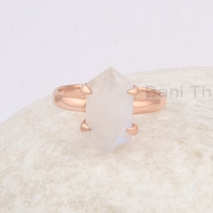 Natural Rainbow Moonstone 8x15mm Hexagon Gemstone Ring, Rose Gold Plated Prong Set 925 Silver Ring, Anniversary Gift for Wife, Gift For Her