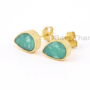 Chrysoprase Stud Earring, Green Chrysoprase  7x11mm Flat Pear Gemstone Studs, Micron Gold Plated Studs, 925 Sterling Silver Stud Earrings