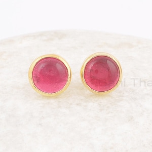Small Pink Tourmaline Stud Earrings, 9mm Round Gemstone Stud Earrings, 925 Sterling Silver 18k Gold Plated Earring, Bridal Stud-Post Earring
