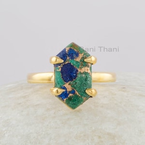 Azurite Ring - Sterling Silver Jewelry - 8x15mm Hexagon Gemstone Ring - Rose Gold Plated Jewelry - Jewelry for Sale - Azurite Copper Ring