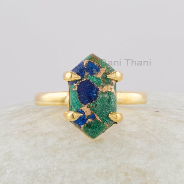 Azurite Ring - Sterling Silver Jewelry - 8x15mm Hexagon Gemstone Ring - Rose Gold Plated Jewelry - Jewelry for Sale - Azurite Copper Ring