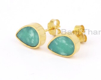 Chrysoprase Stud Earring, Green Chrysoprase  7x11mm Flat Pear Gemstone Studs, Micron Gold Plated Studs, 925 Sterling Silver Stud Earrings