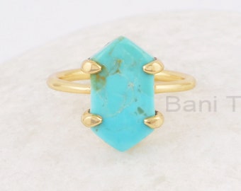 Turquoise Ring, Arizona Turquoise 8x15mm Hexagon Gemstone Ring, Gold Plated 925 Sterling Silver Prong Set Ring, Christmas Gift,Cocktail Ring