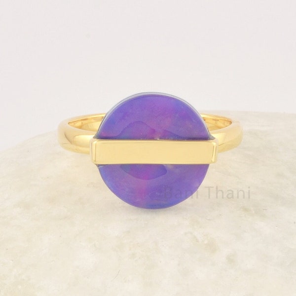 Purple Opal Ring, Round Flat 12mm Aurora Opal Gemstone Ring, 925 Sterling Silver Vintage Ring, 18k Gold Plated Purple Ring, Jewelry For Gift