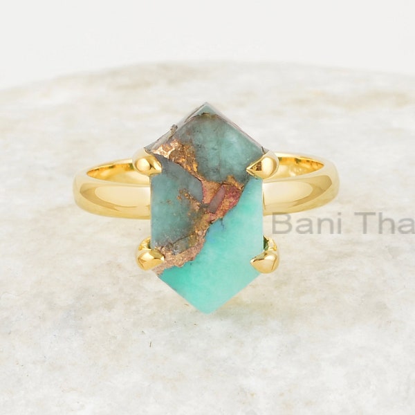 Amazonite Ring - 925 Silver  - Handmade Ring - 8x15mm Hexagon - Gold Plated Ring  - Fashion Jewelry  - Gift For Besties - Jewelry For Sister