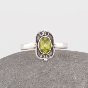 Peridot Silver Ring, Solid 925 Sterling Silver 5x7mm Oval Gemstone Ring, Anniversary Gift Ring For Women, Filigree Ring, Birthstone Ring