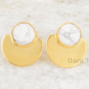 White Howlite Stud Earrings - Rose Gold Plated Studs - 925 Silver - 7mm Round - Statement Jewelry - Jewelry For Student - Gift For Wholesale