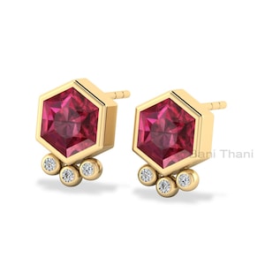 Pink Tourmaline Quartz 7mm Hexagon Gemstone Earrings, Solid 18k Gold Plated 925 Sterling Silver Handmade Earrings For Mom, Minimalist Studs