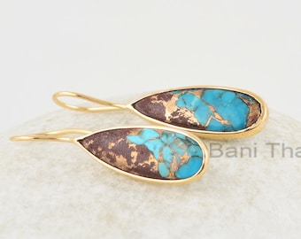 Turquoise Earrings, Lava Copper Turquoise 8x25mm Pear Shape Gemstone Silver Earrings, Gold Micron Bezel Set Long Drop Earrings For Girls