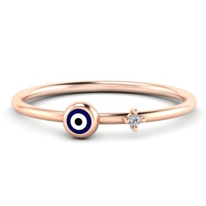 14k Gold Evil Eye Diamond Ring, Protection Ring, Thin Delicate Ring, Stackable Diamond Ring, Black Eye Ring, Minimalist Gold Ring For Women