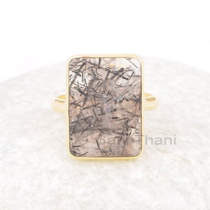 Black Rutilated Ring - 13x18mm Pyramid - Gemstone Ring - 18k Gold Plated - Solid Silver - Mom Gift - Healing Gem Ring - Gift for Mothers Day