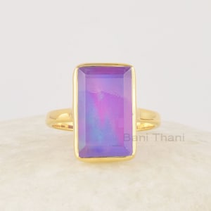 Purple Rectangle Ring, Aurora Opal Ring, Gemstone Solid Silver Ring, 18k Gold Plated Silver Ring, Huge Ring For Women Ring, Handcrafted Ring
