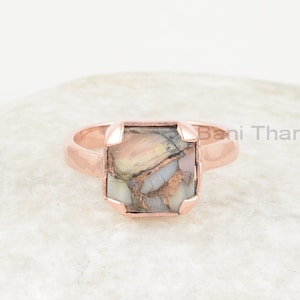 Opaalring, roze opaalkoper 9 mm vierkante ring, rosévergulde ring, handgemaakte ring, 925 zilveren ring voor vrouwen, beste cadeau-ideeën voor Valentijnsdag