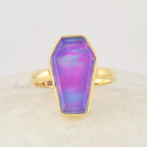 Purple Coffin Ring, Aurora Opal Ring, 10x17mm Gemstone Ring, 925 Silver Ring For Halloween, 18k Gold Plated Vintage Ring, Gothic Coffin Ring