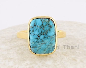 Arizona Turquoise Ring - Handmade Ring - 925 Silver - 10x14 mm Cushion - Gold Plated - Bestseller Jewelry - Gift For Teen -Jewelry For Niece