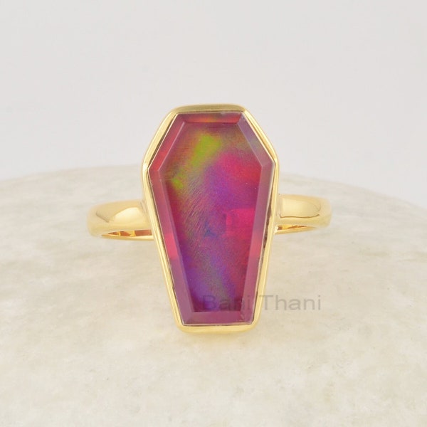 Coffin Ring, Gothic Red Coffin Ring, Vampire Ring, Aurora Opal Ring, Coffin Gemstone Ring, Solid Silver Gold Plated Ring For Gothic Gift