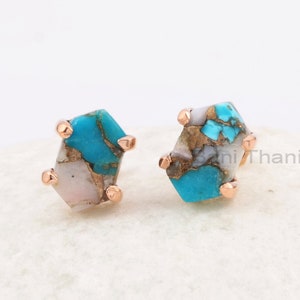 Turquoise Stud Earrings, Pink Opal Copper Turquoise 7x12mm Hexagon Gems Earring, Minimalist Earrings, Silver Studs, Women Delicate Earrings