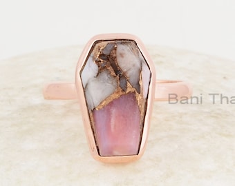 Pink Opal Copper Ring - 925 Sterling Silver - Rose Gold Plated Ring - 9x15mm Coffin -Matching Jewelry - Jewelry for Her - Gift for Young Mom