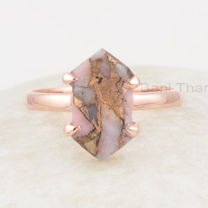 Opal Ring - Pink Opal Copper 8x15mm Hexagon - Gemstone Ring - 925 Sterling Silver - Rose Gold Plated - Gift For Women - Ring for Sale